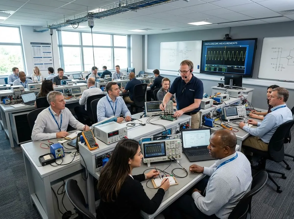 Professional electronics laboratory with testing equipment and circuit boards