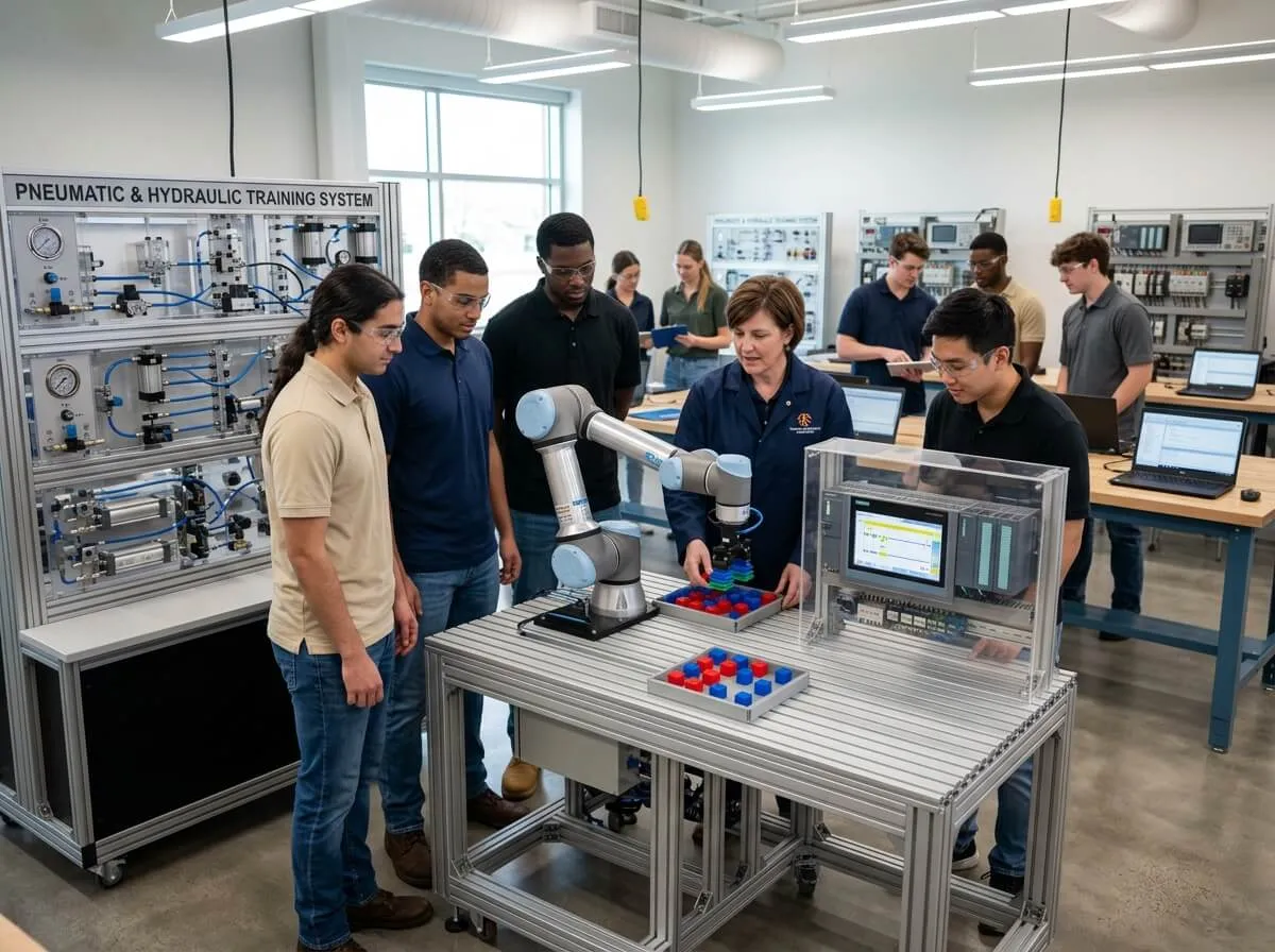 Electronics training laboratory with students learning on circuit boards